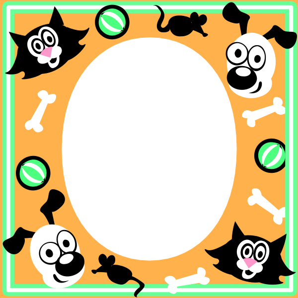 The image shows a cartoon of an oval frame with various Halloween themed items inside it: two cats sitting on either side at top corners; three dogs in different poses below each cat; bones scattered around, and candy corn treats near one dog's paw.