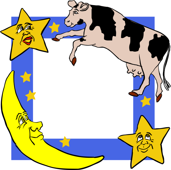 The cartoon depicts a cow standing on top of stars with crescent moon background; it's nighttime scene featuring celestial bodies like sun, moon & star in blue sky backdrop.