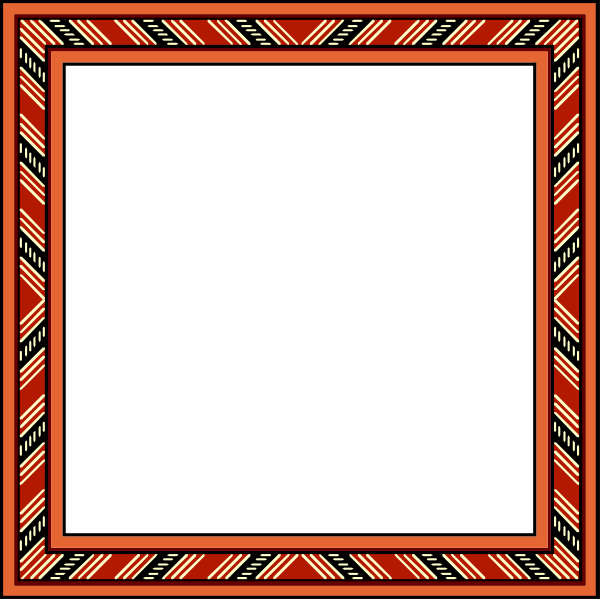 The image shows a square with an intricate patterned border featuring red lines on either side of black stripes within it; inside this frame is another smaller rectangle containing what appears to be a stylized depiction of two human figures, one in profile and facing left while wearing a headdress or headband.