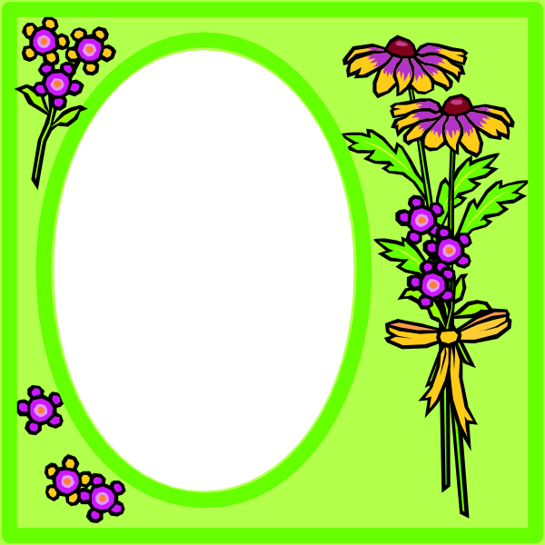 The image shows a black oval with floral decorations around it on an otherwise plain green background.