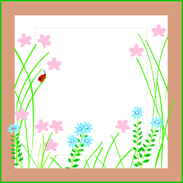 The image shows a black square with colorful illustrations of flowers on either side at top corners against pink backgrounds; in center is an empty space framed by grasses and wildflowers.