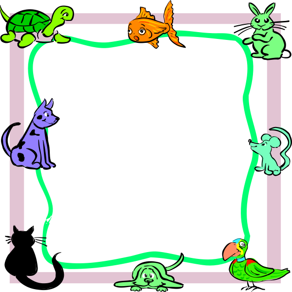 The image features a black background with various cartoon characters: two turtles on top left corner; an orange fish in center right of frame; three cats at bottom left side; one dog near middle-left, and four birds above it.