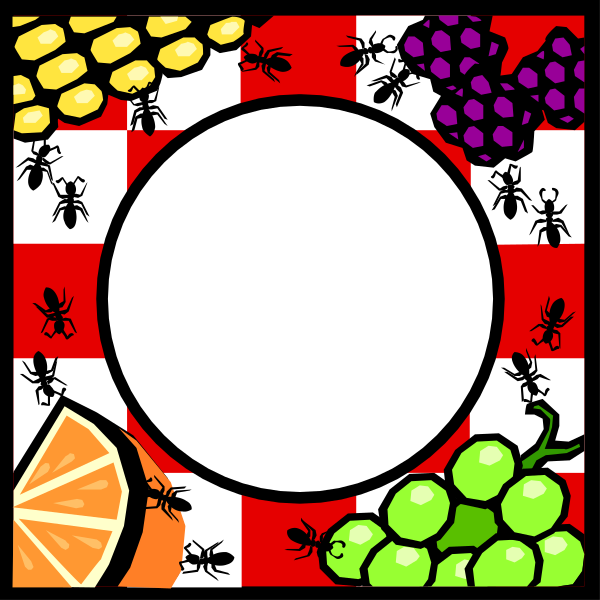The image shows a cartoon depiction of an outdoor picnic scene with various fruits like grapes, watermelon slices, strawberries, bananas, apples, and orange segments scattered around on red checkered tablecloths; there is also a black hole in the center surrounded by fruit.
