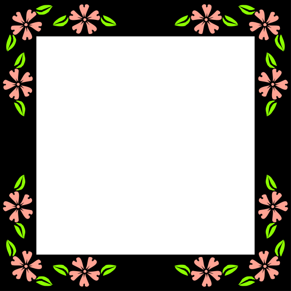 The image shows a black square with pink flowers arranged around its edges forming an intricate border pattern.