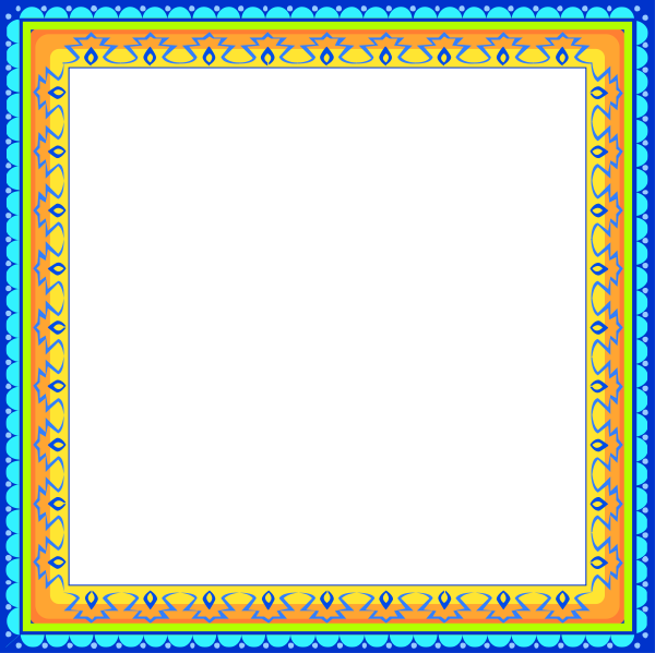 The image shows a blue square with an intricate pattern inside it on top of another smaller yellow diamond shape that has its own design within it.
