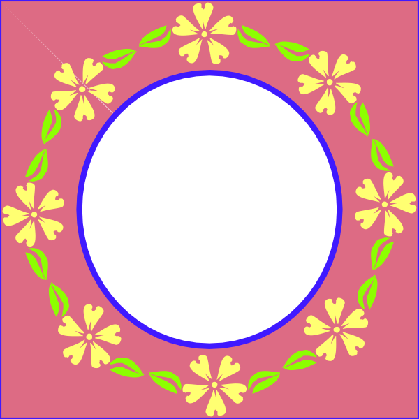 The image shows a circular frame with an intricate floral design at its center on top of a pink background that has two green leaves in each corner.
