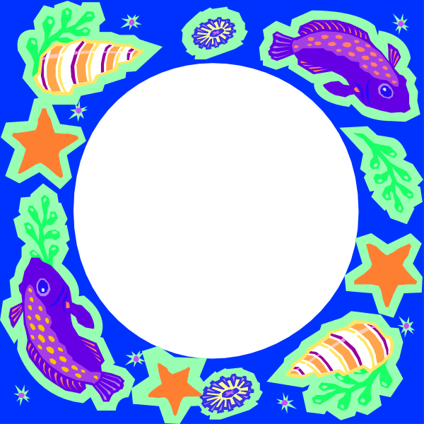 The image features a blue background with various colorful fish swimming around an empty black circle at its center.