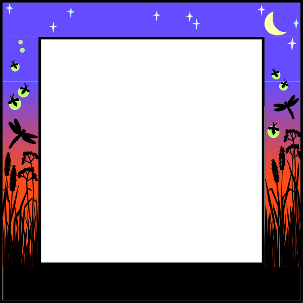 The image shows a nighttime scene with an open book on its spine against a backdrop of stars, silhouettes of plants in front, and fireflies flying around it; there's also a crescent moon visible above.