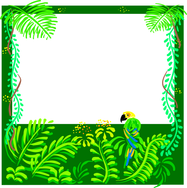 The image shows a black background with two green frames containing illustrations of jungle scenes: on top is an explorer standing in front of lush foliage; below it depicts another scene where plants, including ferns and palm leaves, surround the frame's border while inside there are flowers.