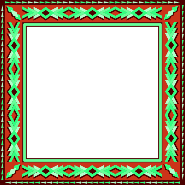 The image shows a square with an intricate border featuring geometric patterns on what appears to be a red background within a larger frame that has decorative borders in shades of green and white.