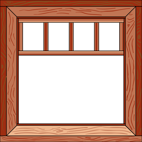 The image shows a simple red window frame with no glass panes inside it against an orange background that resembles wood paneling on either side of the window.