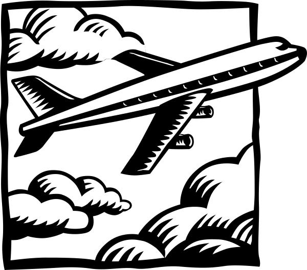 The black and white illustration shows a large airplane flying through clouds with its landing gear down against an open sky background.