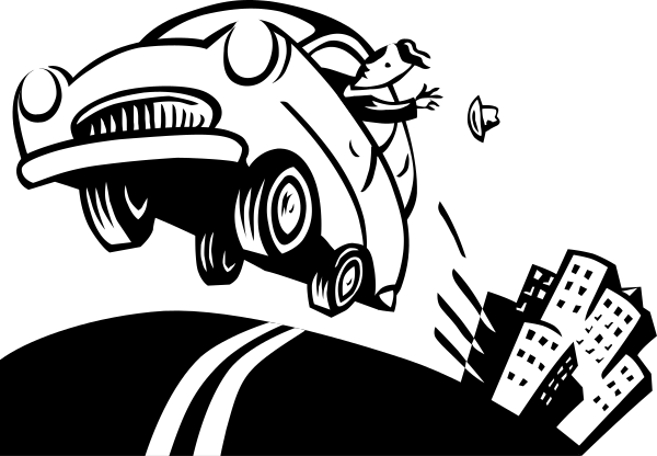 The black and white illustration shows a cartoon of an animated character with large eyes driving a car that has been transformed into a fish-like creature; it's nighttime outside as indicated by darkness in the background, which contrasts sharply against the brightly lit vehicle.