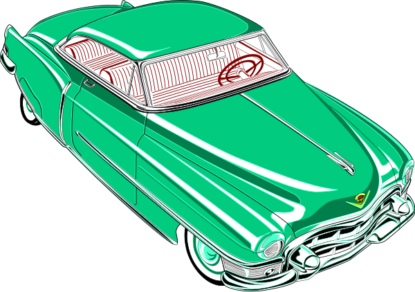 The image shows a vintage car with an open top parked on a street at nighttime under neon lights.