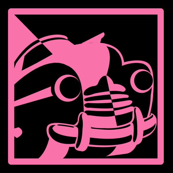 The image shows a pink square with an illustration of a character wearing a mask that resembles a robot's face on it; there is also what appears to be a small vehicle in front of this figure, and above them both floats another object shaped like a bird or bat-like creature.