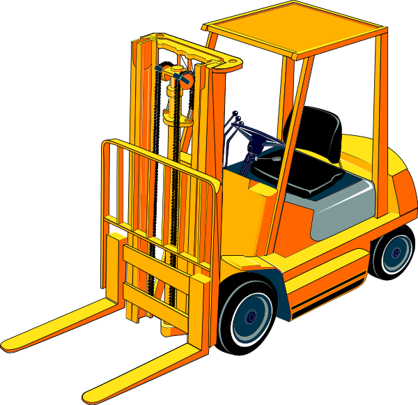 The image shows a three-dimensional rendering of an orange forklift with two wheels visible on its side against a black background.