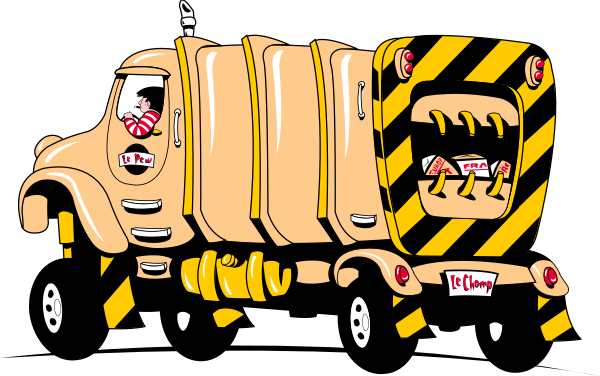 The image shows a cartoon truck with two yellow warning signs on its side parked next to an open road sign that says "Caution" in red letters at nighttime under dark skies.