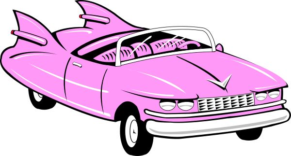 The image shows a pink car with fins on top of it parked next to an open umbrella under which there is a shark swimming in water.