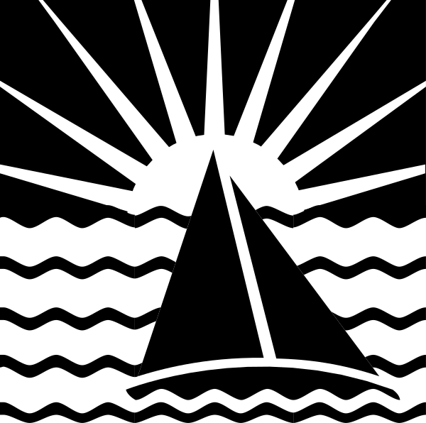 The black and white silhouette of a sun with rays extending outward from its center.