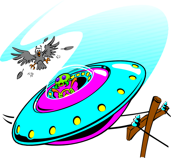 The image shows a cartoon depiction of an alien spacecraft with purple walls inside it flying through what appears to be outer space at nighttime against a starry backdrop. A bird is perched on top left corner, and there's another smaller one in flight nearer the bottom right side. In front of this scene stands a wooden post or pole supporting an object that resembles a lantern with blue flames emanating from it at its base. The overall style suggests humor due to the whimsical nature of combining elements like aliens, birds, and flying objects in