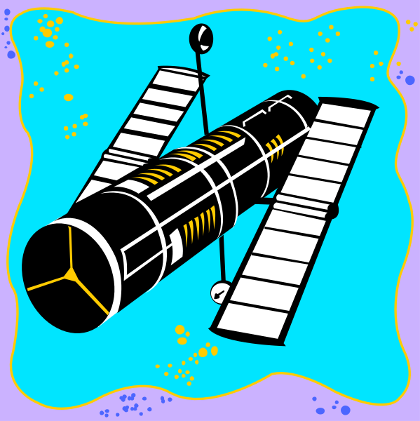 The image shows a black satellite dish with solar panels on top of it against an aqua blue background that has small white dots scattered across it.