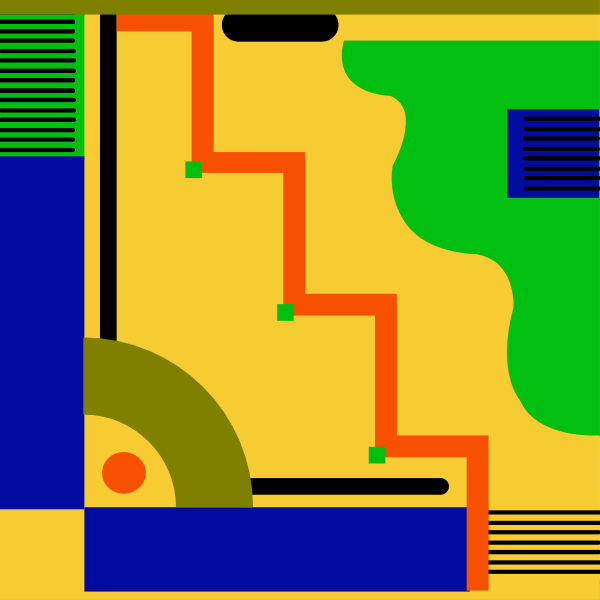 The image shows a stylized graphic with abstract shapes resembling stairs leading up to an open door atop what appears to be a house-like structure set against various colored backgrounds that include shades of blue, green, and yellow.