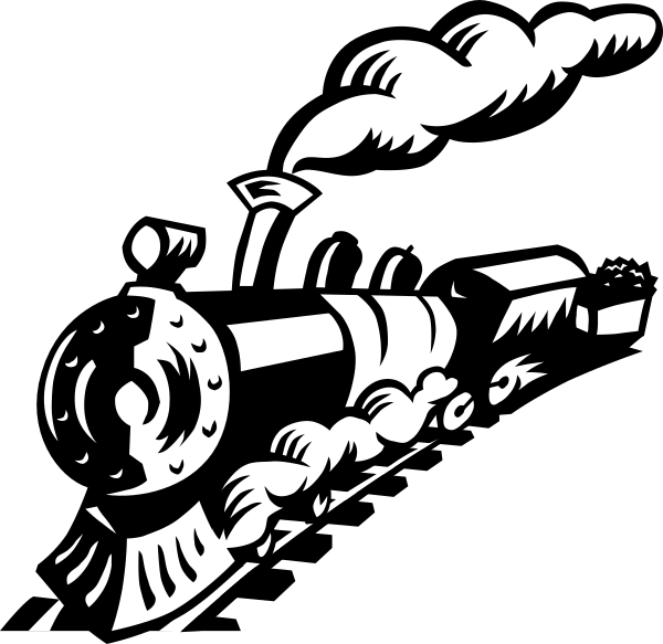 The black and white illustration depicts a train on tracks with smoke coming out of its engine's chimney.