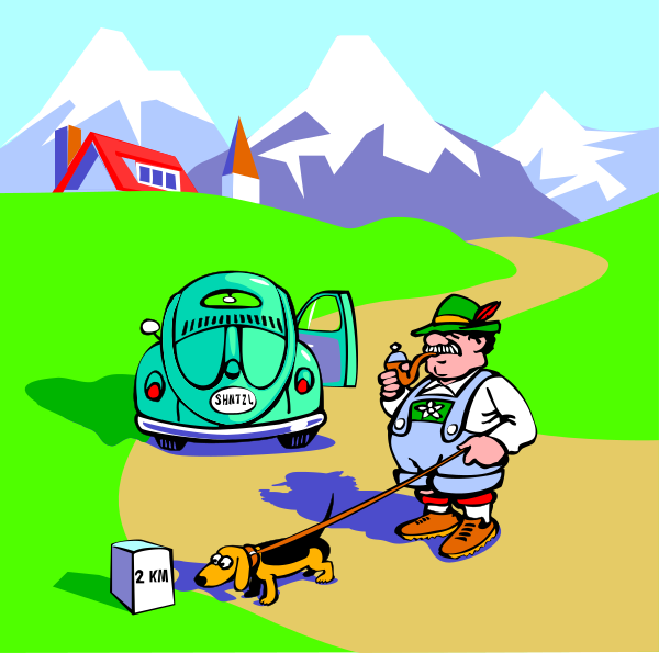 The illustration depicts a cartoon scene with an anthropomorphic man standing next to his Volkswagen camper van on what appears to be a road in front of mountains; he is holding a beer bottle and has a dog at his feet, which seems contented as it sits near the box.