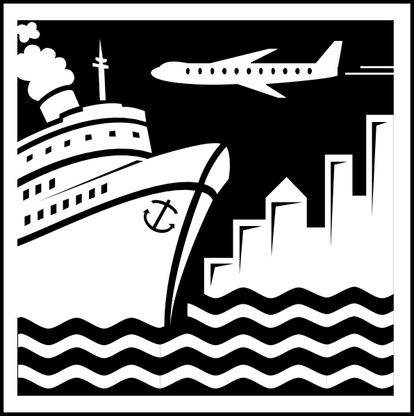 The black and white illustration depicts a cruise ship with smoke stacks on top of it sailing near an airplane flying overhead in front of buildings that resemble skyscrapers along one side; there is also a boat floating nearby, suggesting maritime activity or travel theme.