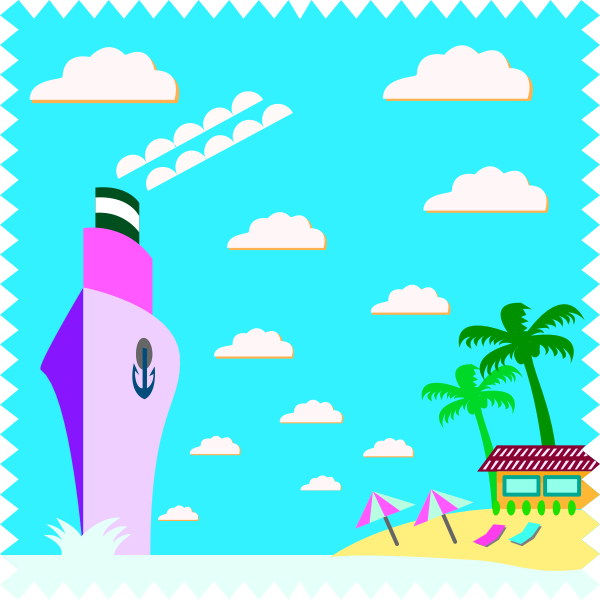 The image features a stylized scene with an ice cream truck on top of what appears to be a beach ball-shaped object in midair against a blue sky background dotted with white clouds; below is a tropical setting including palm trees, sandy ground, and various items like umbrellas, tents, surfboards, and other vacation accessories.