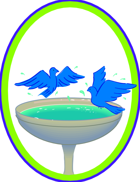 The illustration shows a cartoon of two blue birds perched on top of an oval black object that resembles a wine glass with liquid inside it; there is also water dropleting from one bird, and both have wings spread out as if in flight or landing.