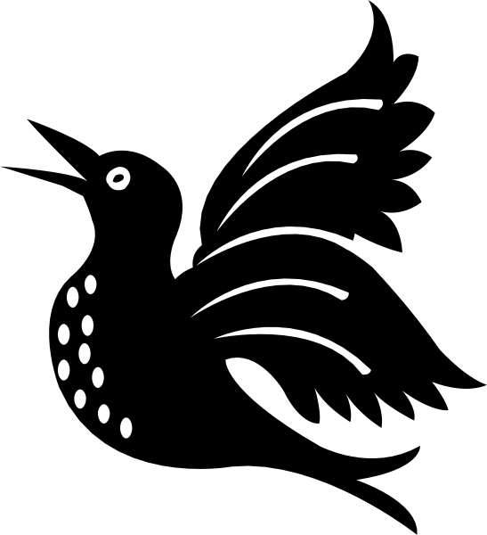 The black and white photo shows a stylized fish with dots for eyes swimming upwards towards an unseen surface in what appears to be water.