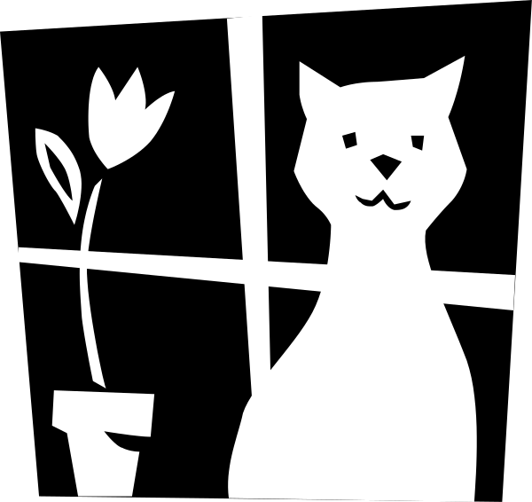 The black and white illustration features a cat silhouette standing next to two potted plants with flowers on top of them in front of an open window frame that has no glass panes left outdoors.