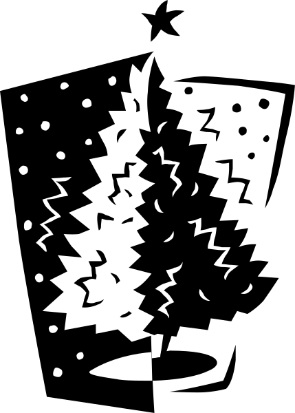 The black and white silhouette of a Christmas tree with snowflakes falling around it on what appears to be a holiday-themed background.