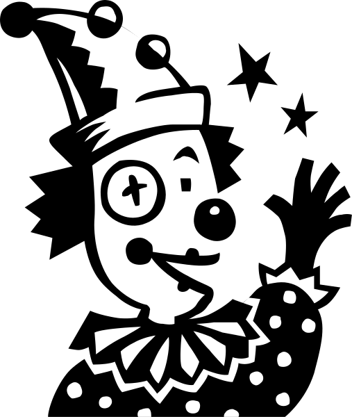 The black and white illustration features a cartoon clown with exaggerated facial expressions sitting on top of what appears to be an ice cream cone shaped like a waffle cone.