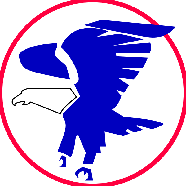 The image shows a stylized graphic of an eagle with its wings spread wide inside what appears to be a circular emblem featuring red borders on either side.