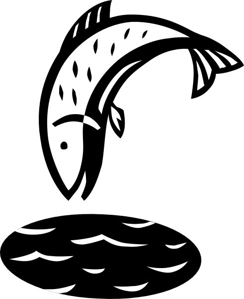 The black and white illustration shows a fish swimming underwater with ripples around it near an ocean surface where waves can be seen in the background.
