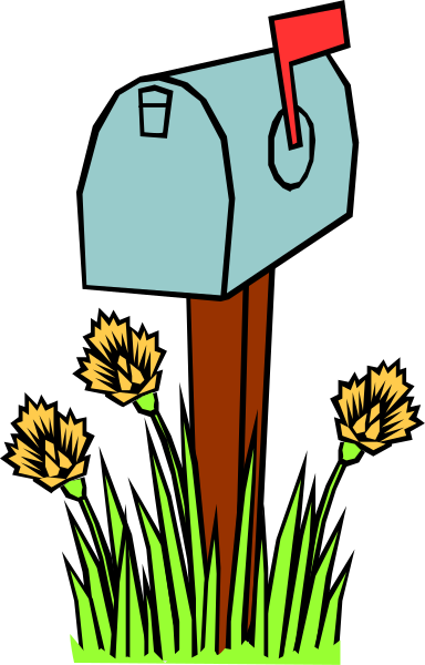 The image shows a mailbox with an open door on top of some grass next to flowers.