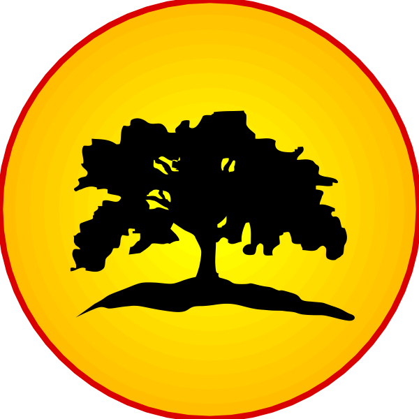 The image features two circular logos with a tree silhouette at sunset on each side of an emblem that resembles a shield shape in between them.