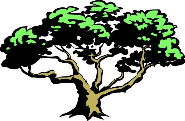 The image shows a stylized tree with green leaves against a black background, resembling an ink wash painting technique.