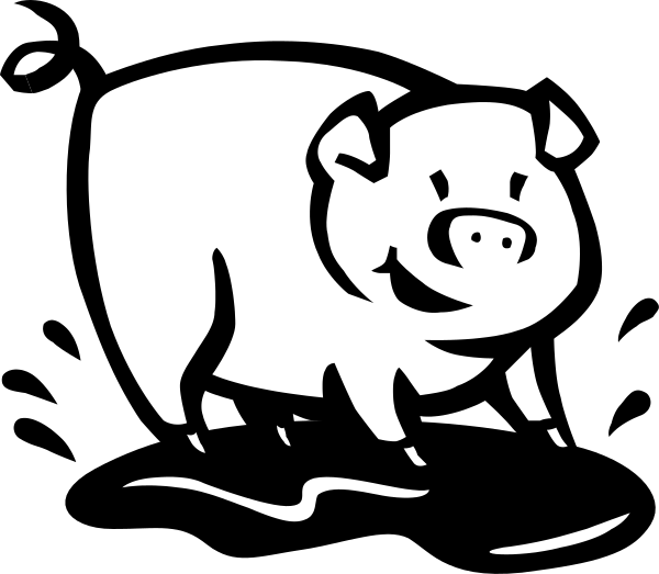 The black and white silhouette of a pig with its head turned to look at something off camera while standing on all fours in what appears to be an outdoor environment.