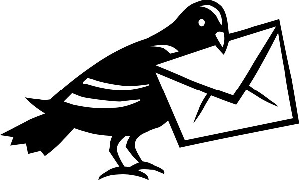 The black and white image shows a bird with an envelope on its head flying over two envelopes below it; there is no text present in this clip-art illustration.