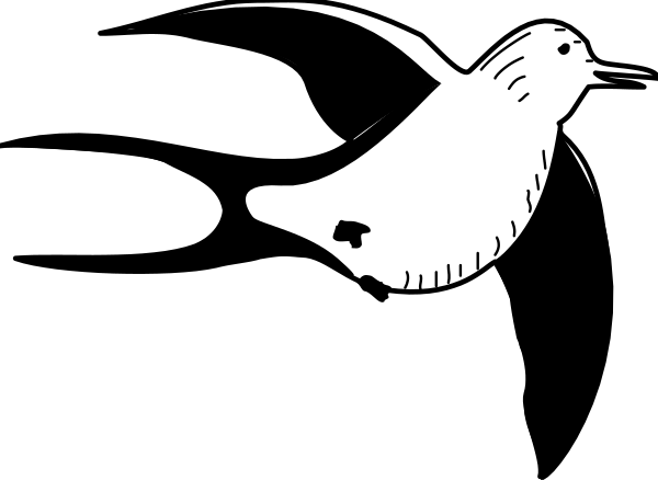 The black and white silhouette of a bird flying over water with trees on either side.