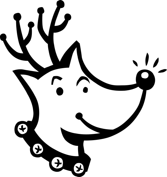 The black and white illustration shows a cartoon dog with its tongue sticking out playfully above an open book that is lying on top of another closed book; there's also one small fish swimming in front of the books, which has two eyes looking up at it from below.