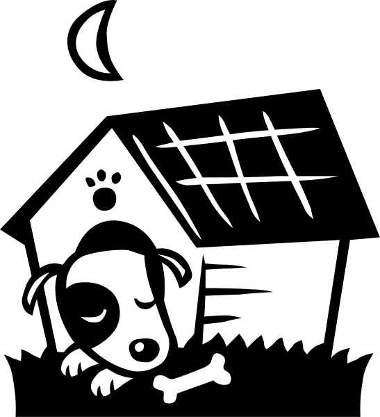 The black and white illustration features a cartoon dog lying on top of an envelope with its head resting comfortably inside it as if peeking out from behind it.
