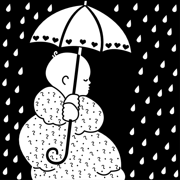 The black and white illustration depicts a baby holding an umbrella with raindrops falling around them on what appears to be a stormy day.