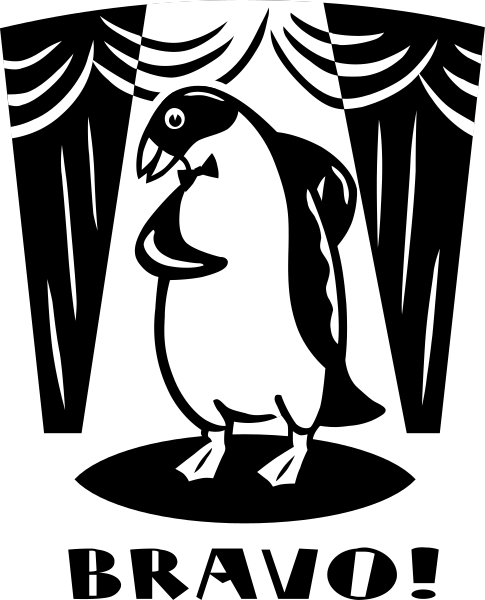 The black and white silhouette of a penguin standing on stage with curtains behind it under an open spotlight.
