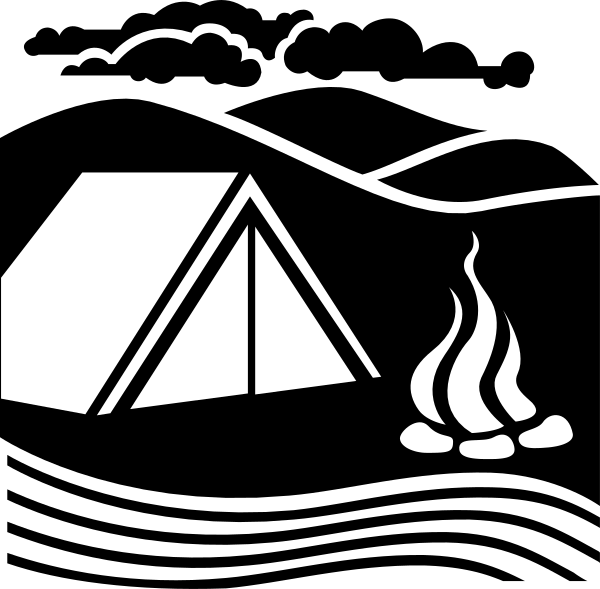 The black and white illustration shows a camping tent on the left side with two logs next to it representing firewood for cooking; in between is an icon of three tents connected by lines suggesting multiple campsites, indicating that there might be more than one person or group staying at this location; on the right side are flames from burning wood.