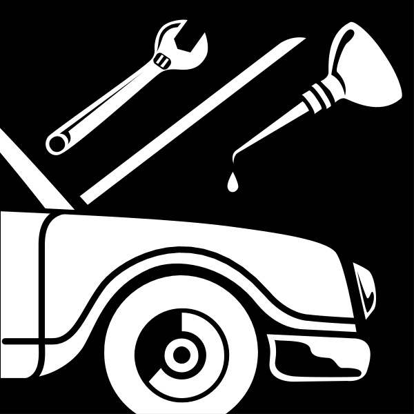 The black and white illustration shows a car with its hood open revealing tools inside; there is also an oil can next to it on top of which rests another tool.