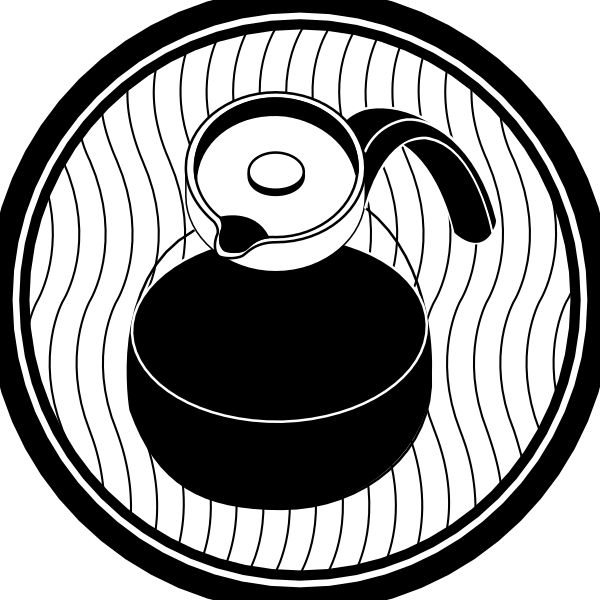 The black and white illustration shows a cartoon rabbit with large ears sitting on top of an object that resembles a teapot lid in front of it.